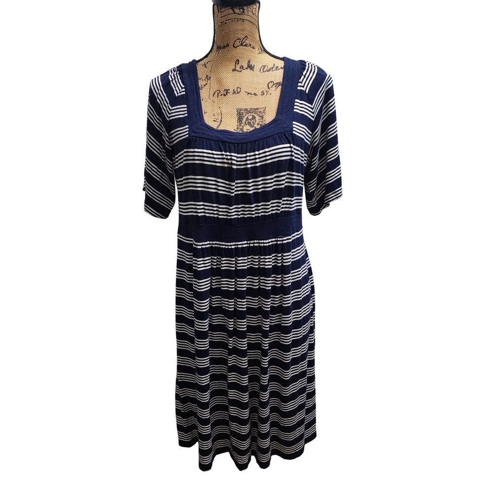 Gap Navy White Striped Square Neck A Line Midi‎ Dress Women Size L